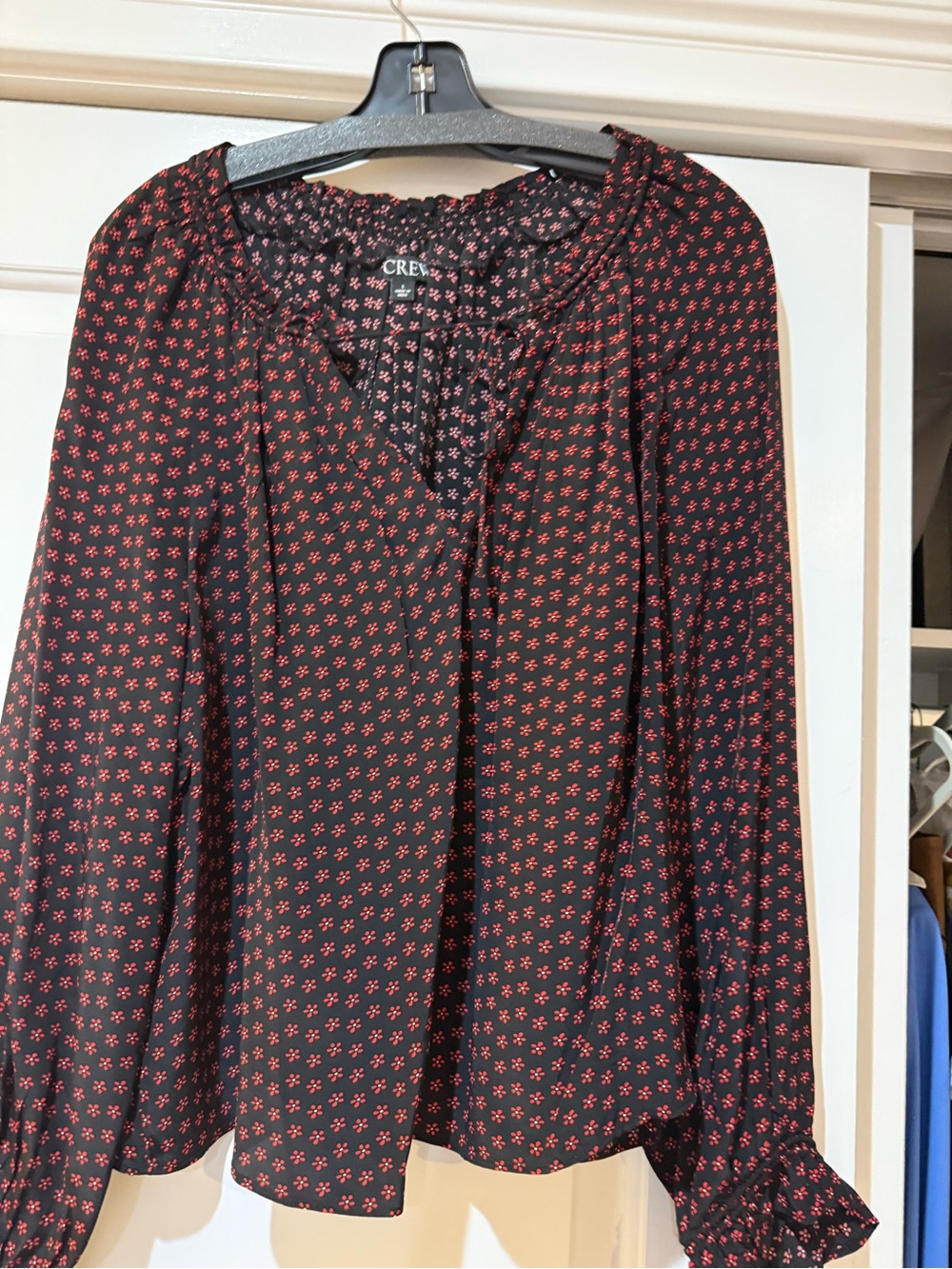 J. Crew Black Blouse with Small Red Floral Print